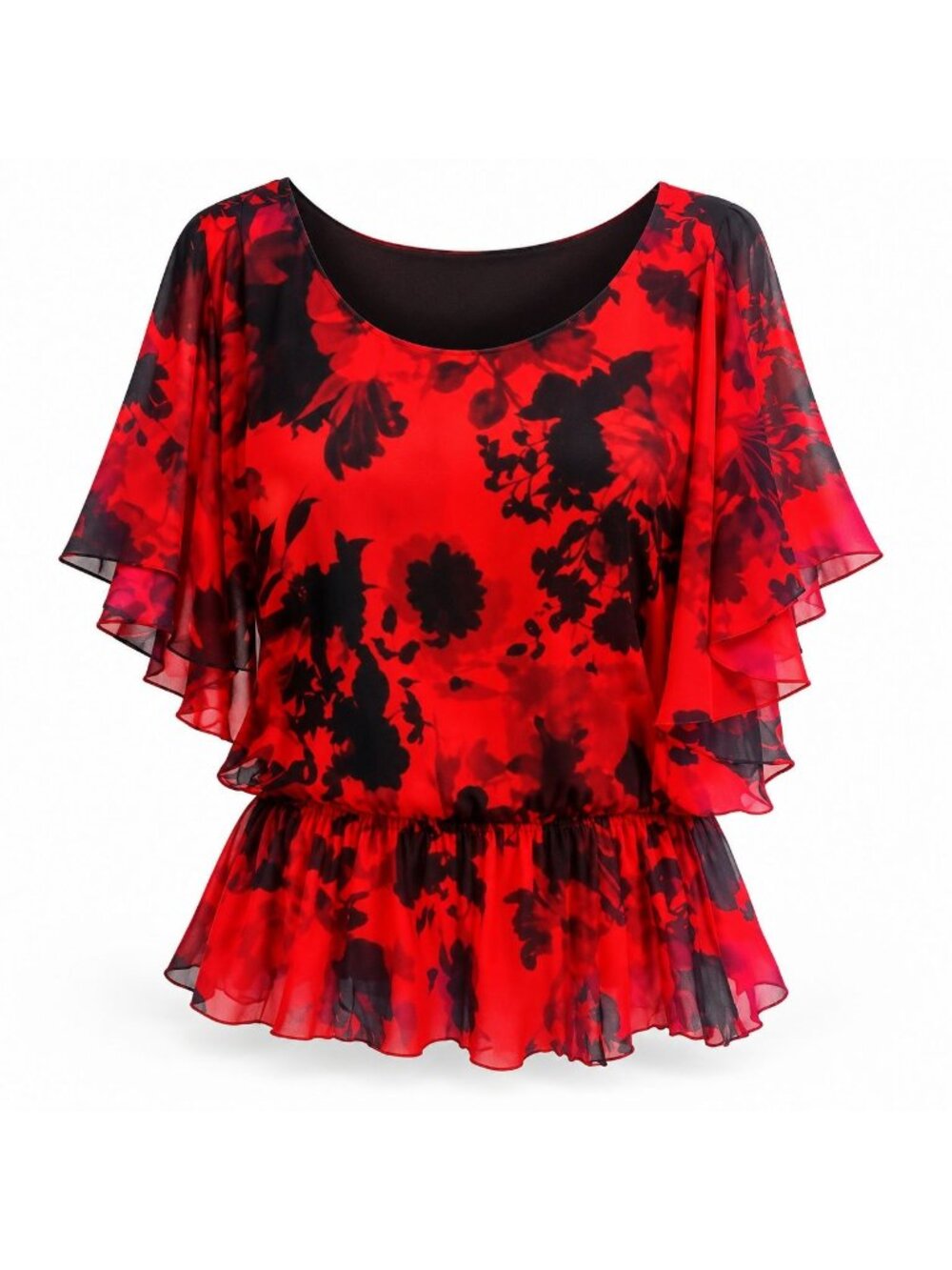 Dressbarn Size M Red Black Floral Chiffon Flutter Sleeve Peplum Blouse Romantic